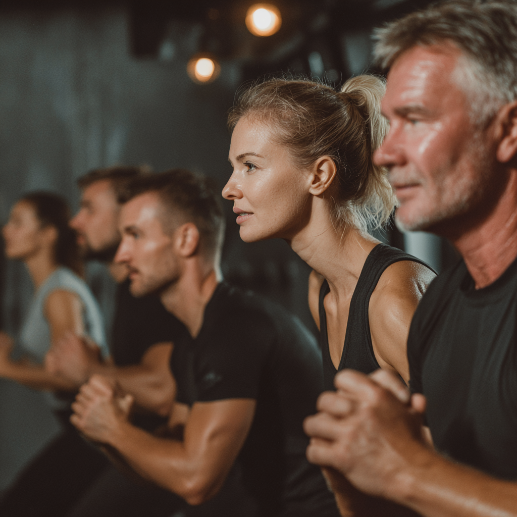 Happy Ukrainian adults of various ages enjoying rhythmic fitness exercises in a modern studio, showing joy and energy during their workout session