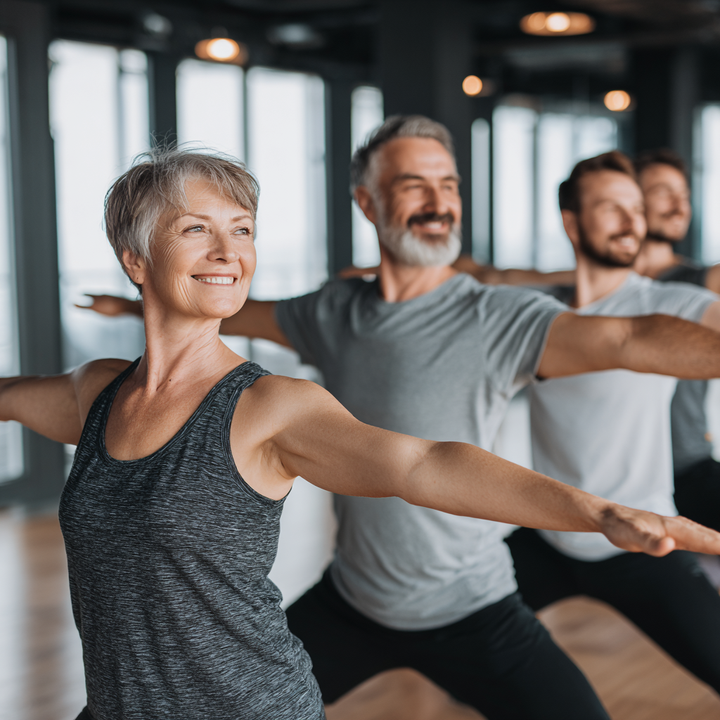 Group of middle-aged Ukrainian professionals engaged in structured fitness training, demonstrating proper form and technique with focused expressions