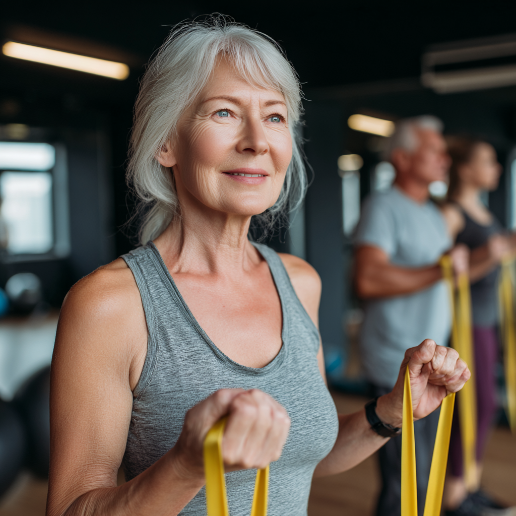 Senior Ukrainian fitness enthusiasts drinking water and staying hydrated during their workout break, demonstrating proper hydration habits in a bright fitness environment